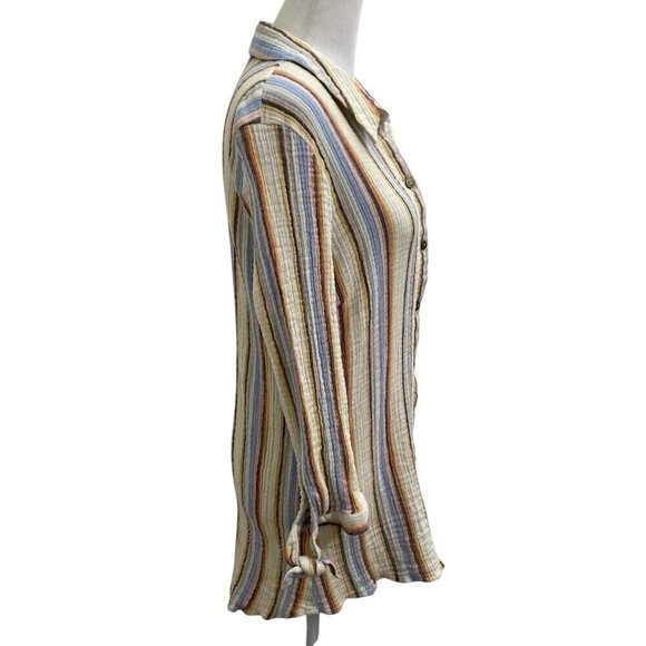 Soft Surroundings Slub Cotton Gauze Stripe Button Down Shirt Beachy size Large - Picture 4 of 9